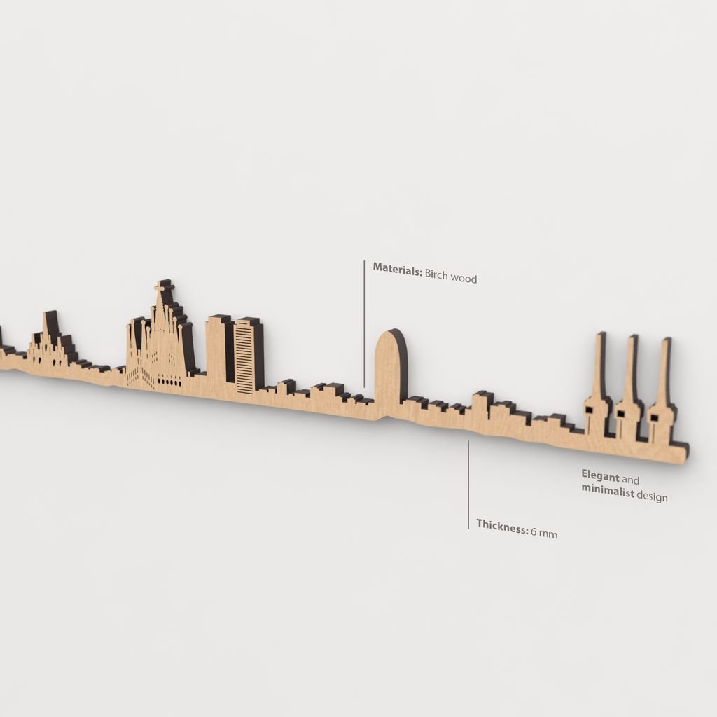 Vista en perspectiva de la silueta del skyline de Barcelona en madera marrón.