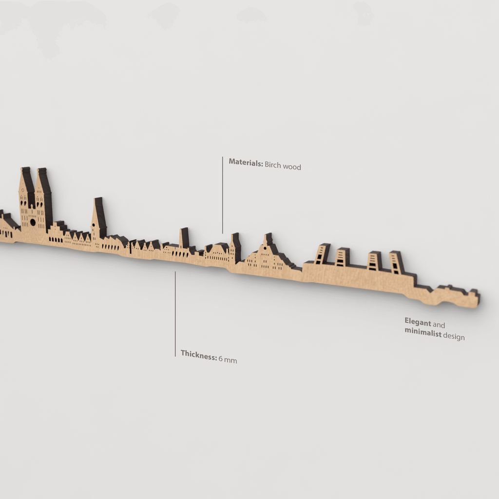 Vista en perspectiva de la silueta del skyline de Bremen en madera marrón.