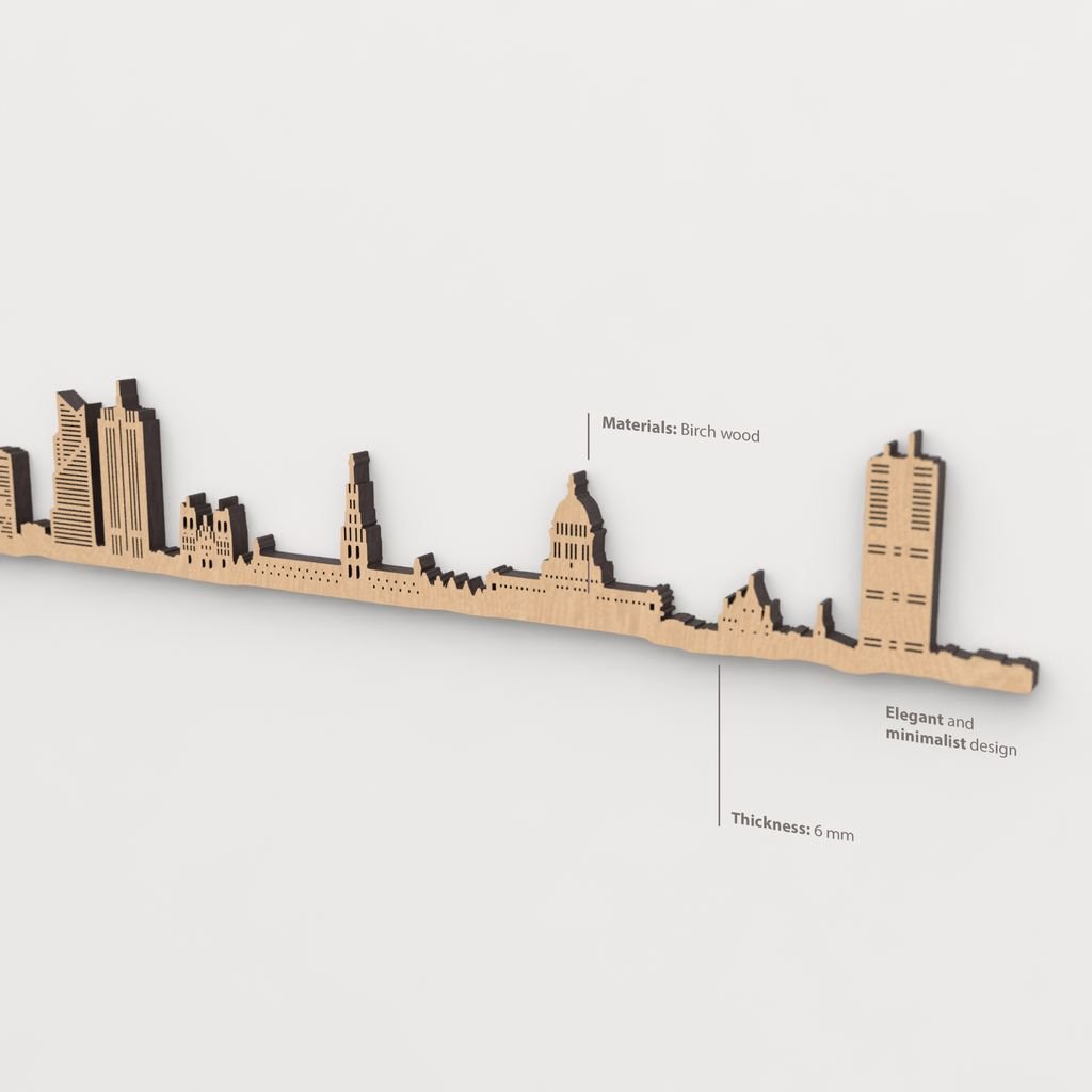 Vista en perspectiva de la silueta del skyline de Bruxelles en madera marrón.