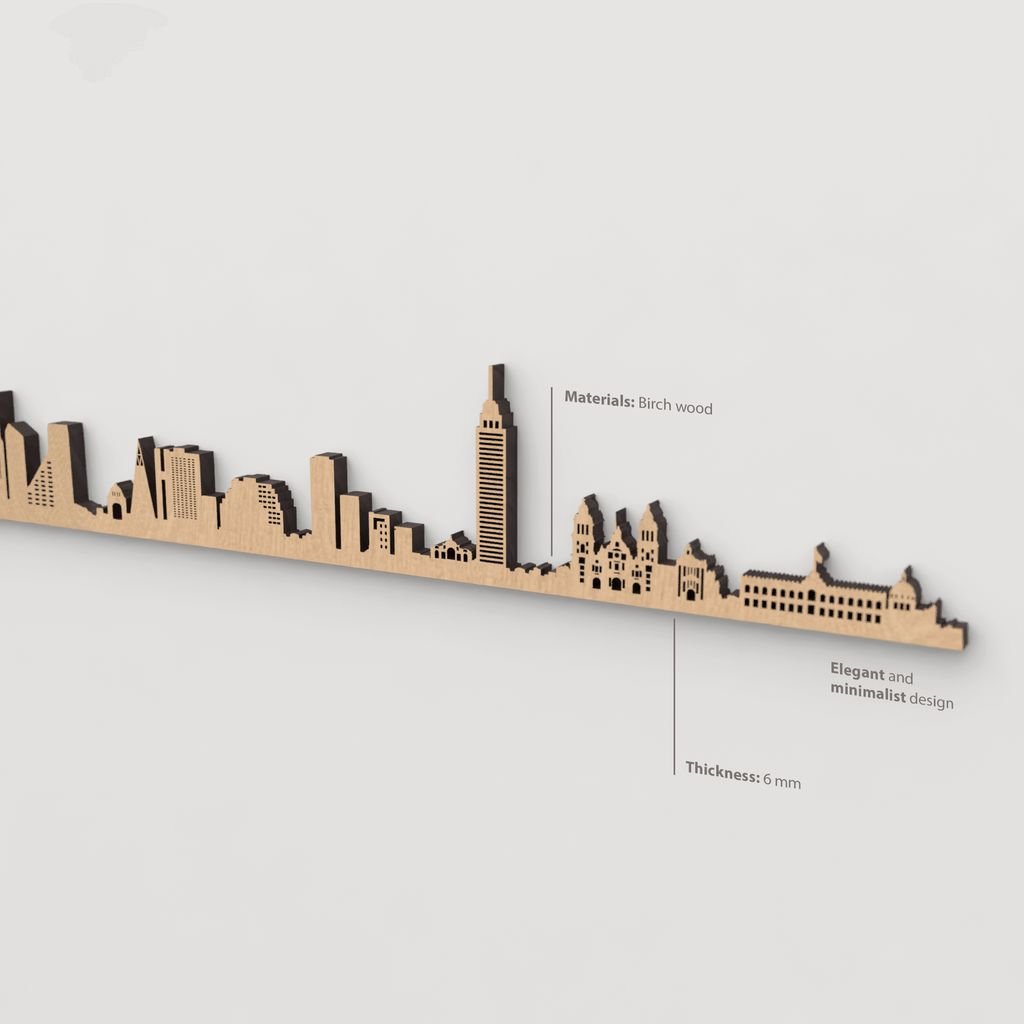 Vista en perspectiva de la silueta del skyline de Ciudad de México en madera marrón.
