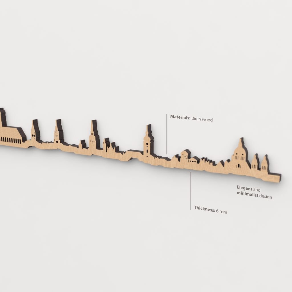Vista en perspectiva de la silueta del skyline de München en madera marrón.
