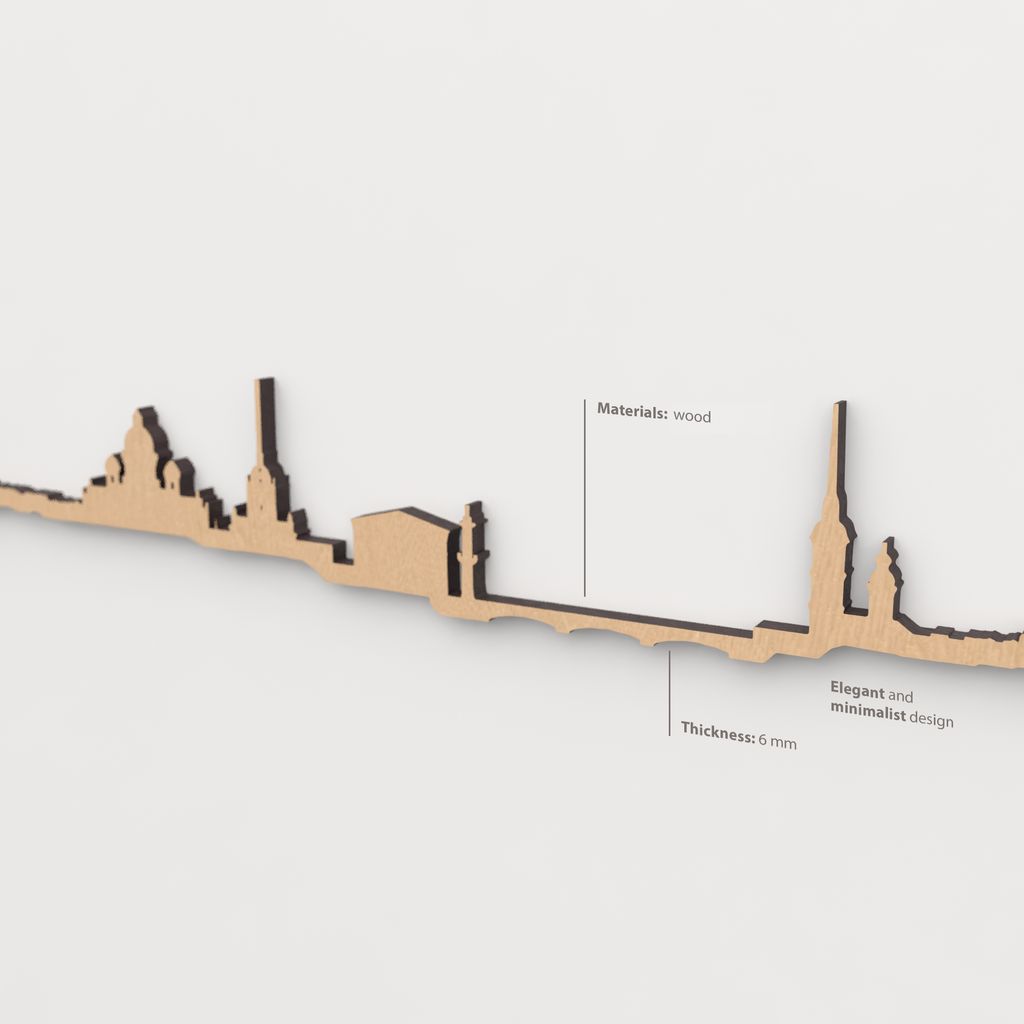 Vista en perspectiva de la silueta del skyline de Saint Petersburg en madera marrón.