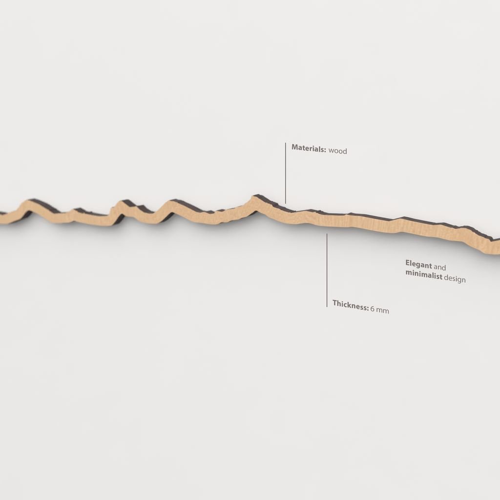 Perspectiva en madera marrón del perfil de Sierra Nevada con sus cumbres emblemáticas.