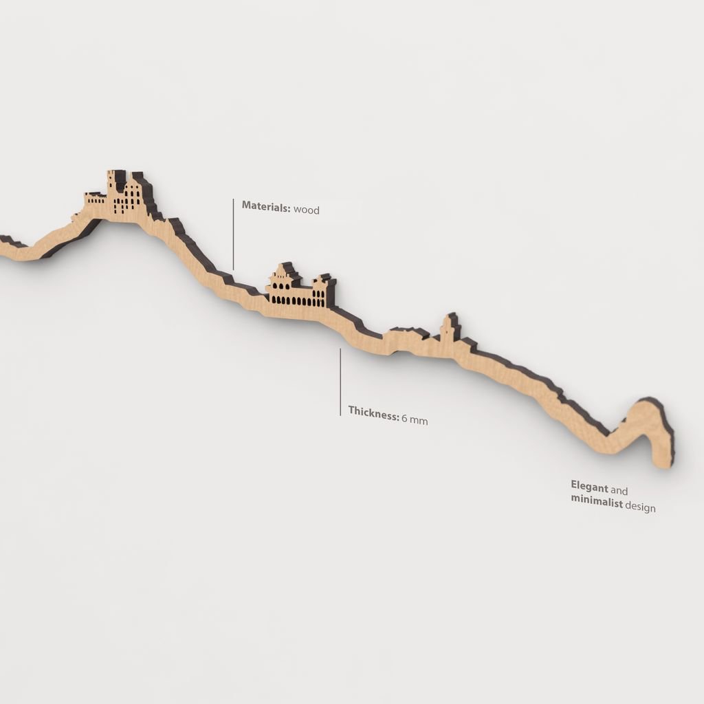 Vista en perspectiva de la silueta del skyline de Sintra en madera marrón.