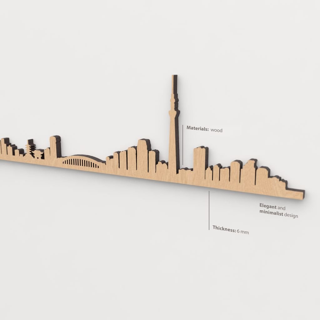 Vista en perspectiva de la silueta del skyline de Tokio en madera marrón.