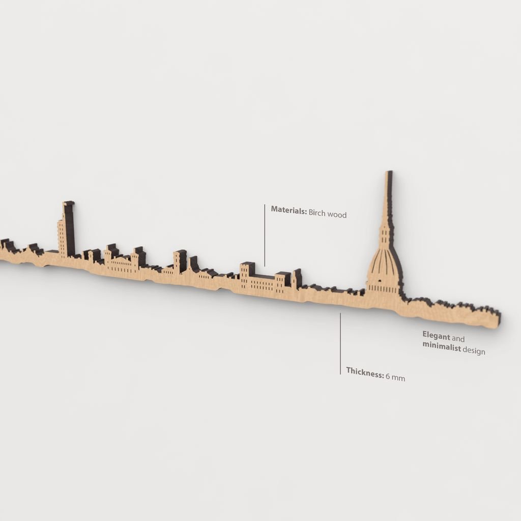Vista en perspectiva de la silueta del skyline de Torino en madera marrón.