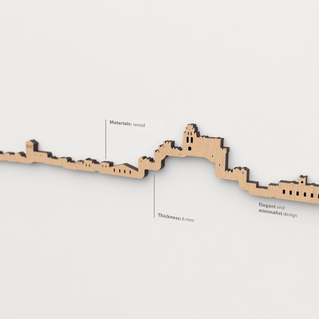 Vista en perspectiva de la silueta del skyline de Turégano en madera marrón.