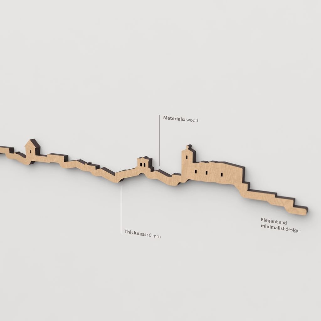 Acabado marrón con veta visible en la madera de la silueta skyline de Covaleda.