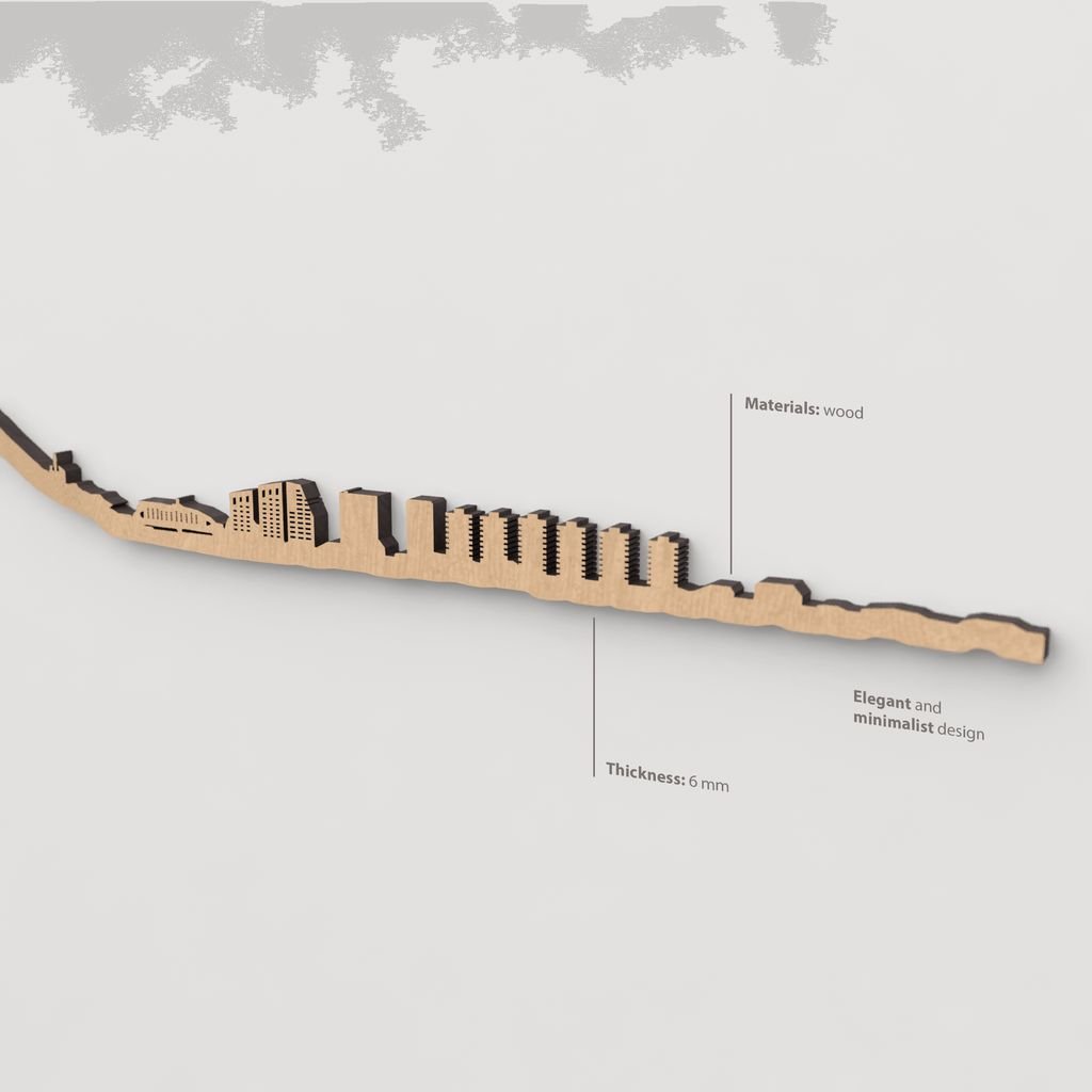 Vista en perspectiva de la silueta del skyline de Gibraltar en madera marrón.