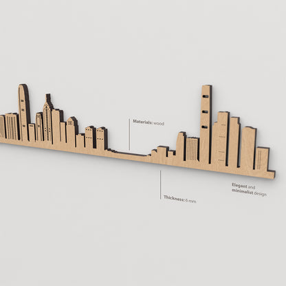 Skyline Hong Kong con textura de madera marrón visible.