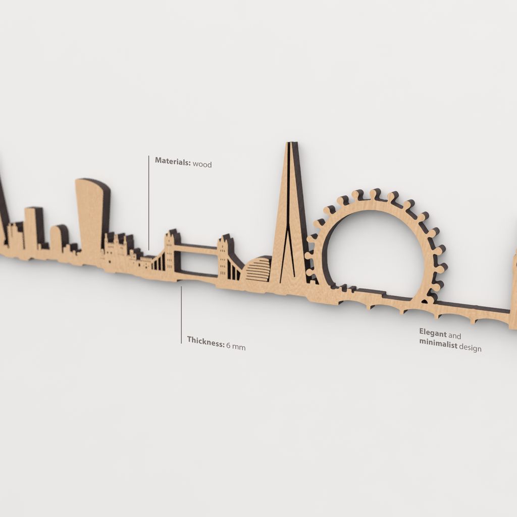Vista en perspectiva de la silueta del skyline de Londres en madera marrón.