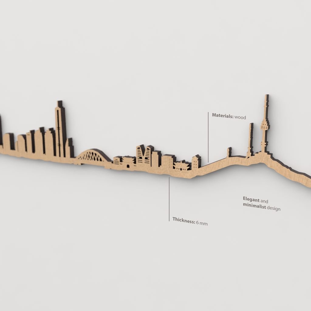 Vista en perspectiva de la silueta del skyline de Seoul en madera marrón.