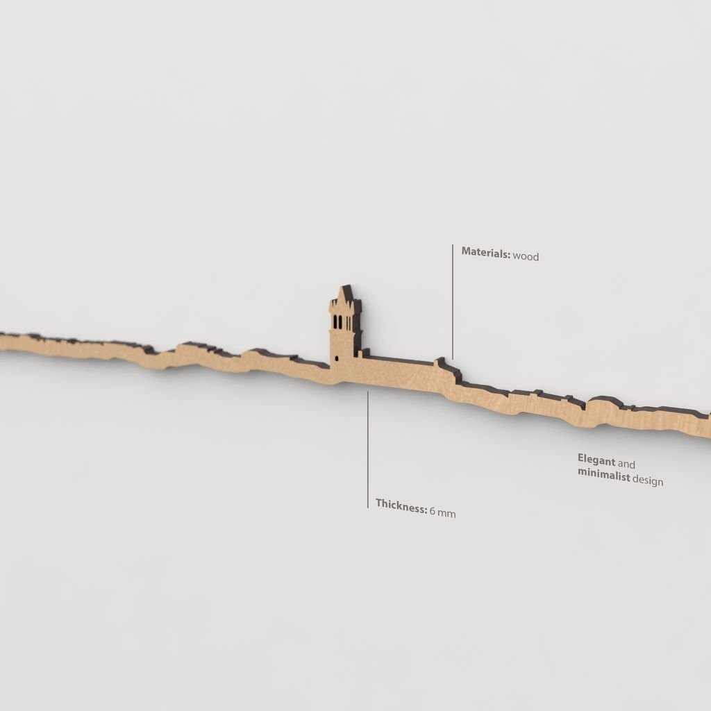 Vista en perspectiva de la silueta del skyline de Colmenar Viejo en madera marrón.