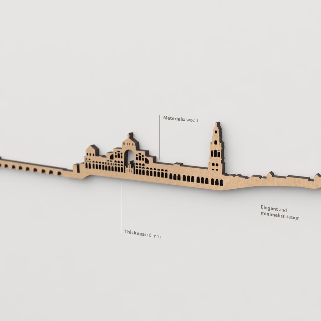 Perspectiva que muestra la textura marrón de la madera en el skyline de Córdoba.