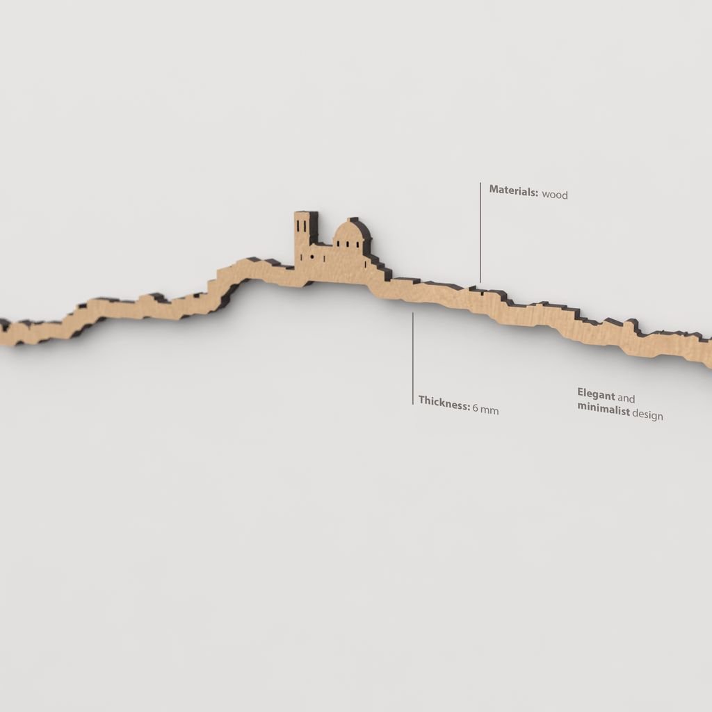 Vista en perspectiva de la silueta del skyline de Altea en madera marrón.