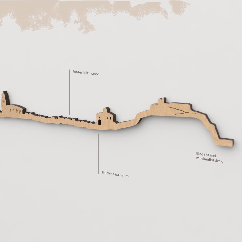 Vista en perspectiva de la silueta del skyline de Arnedo en madera marrón.