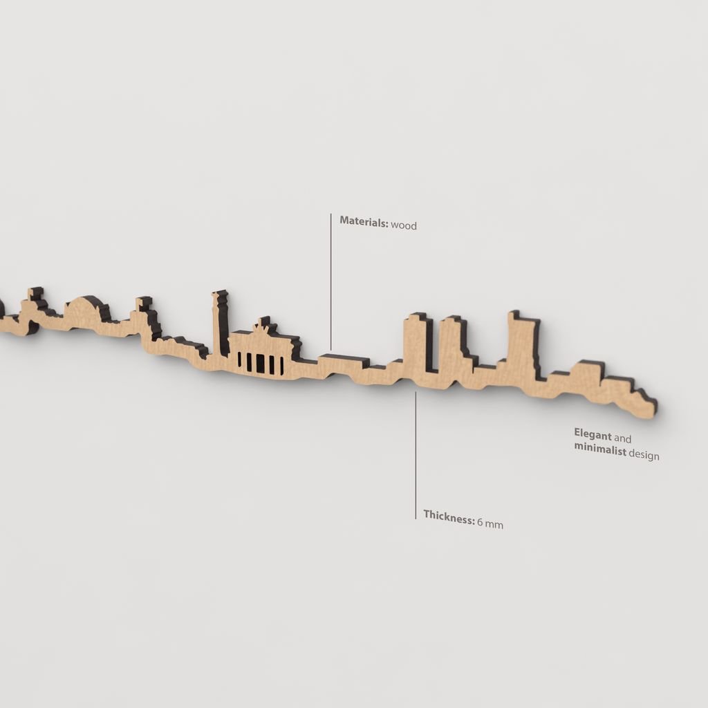 Vista en perspectiva de la silueta del skyline de Berlín en madera marrón.
