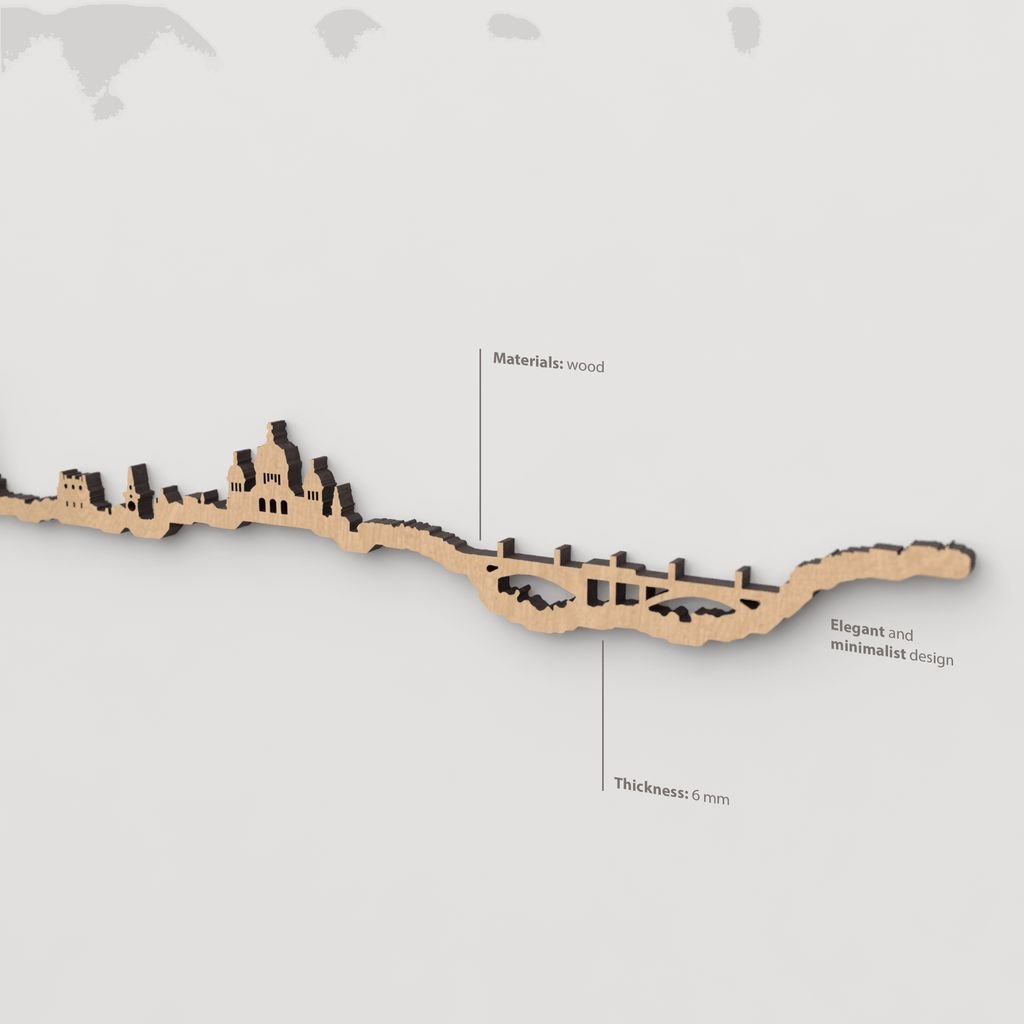 Vista en perspectiva de la silueta del skyline de Berna en madera marrón.