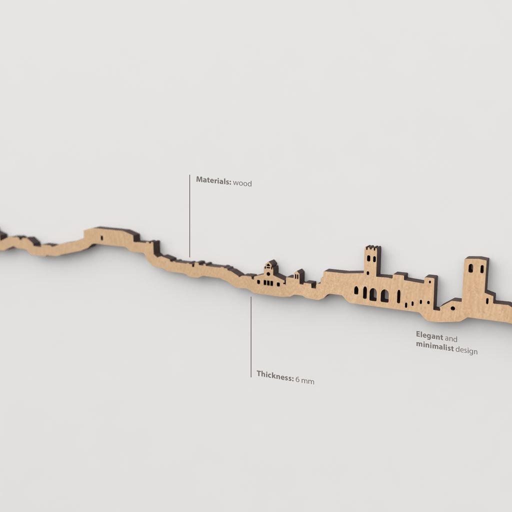 Vista en perspectiva de la silueta del skyline de Brihuega en madera marrón.