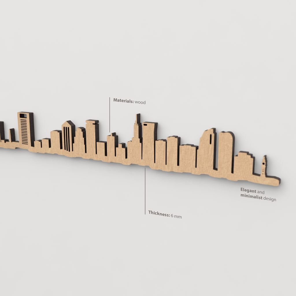 Vista en perspectiva de la silueta del skyline de Buenos Aires en madera marrón.