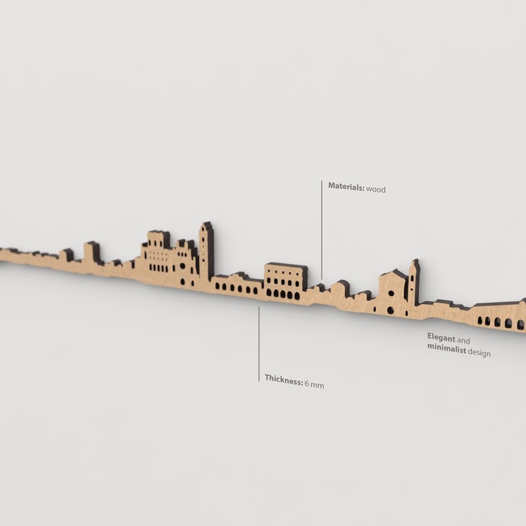 Vista en perspectiva de la silueta del skyline de Castelló en madera marrón.