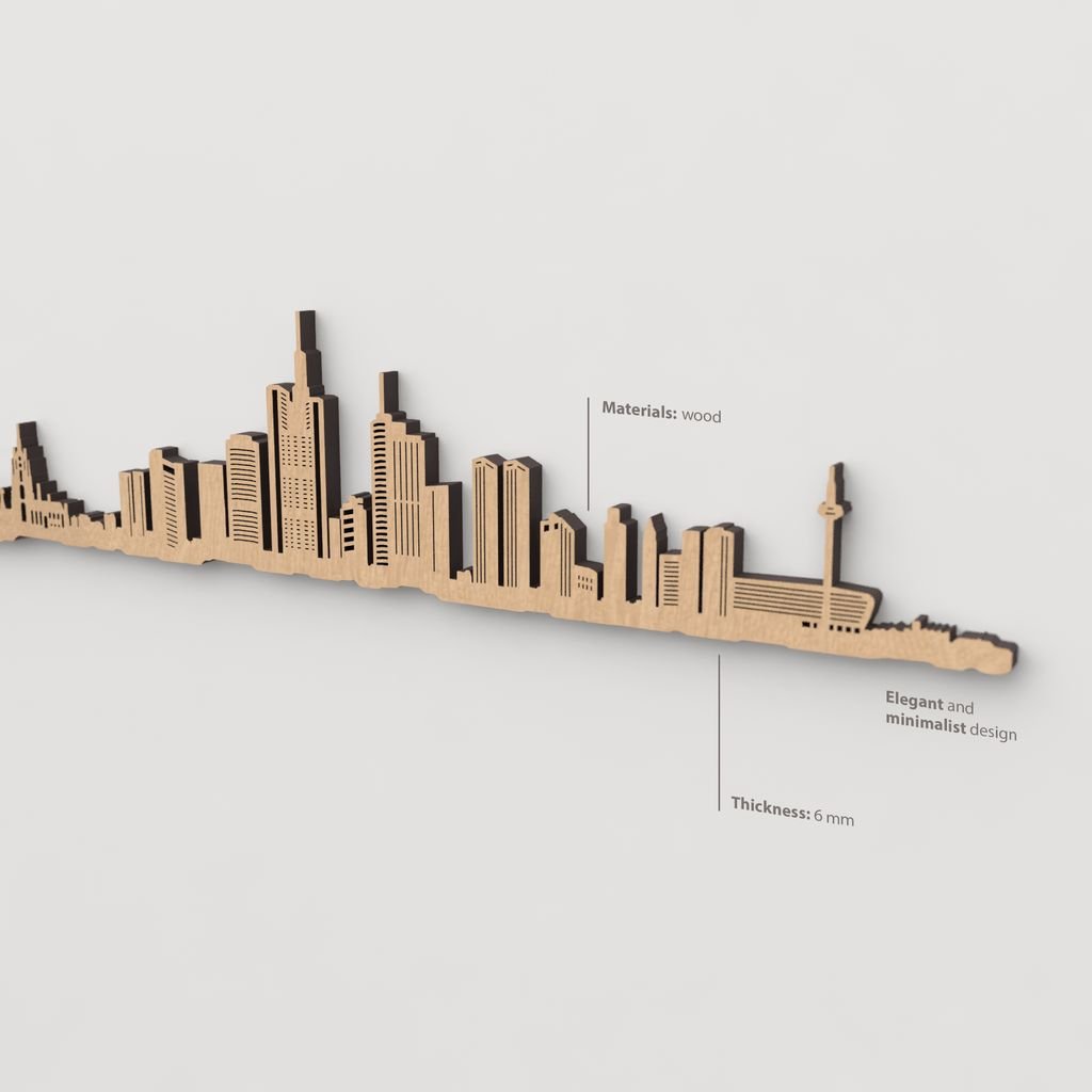 Vista en perspectiva de la silueta del skyline de Frankfurt en madera marrón.
