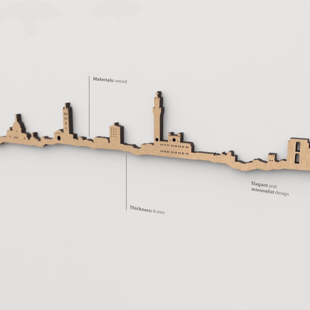 Vista en perspectiva de la silueta del skyline de Siena en madera marrón.