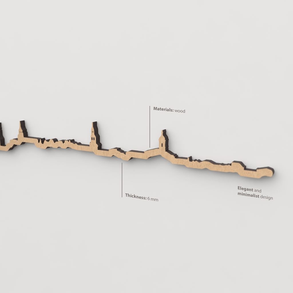 Vista en perspectiva de la silueta del skyline de Vitoria en madera marrón.