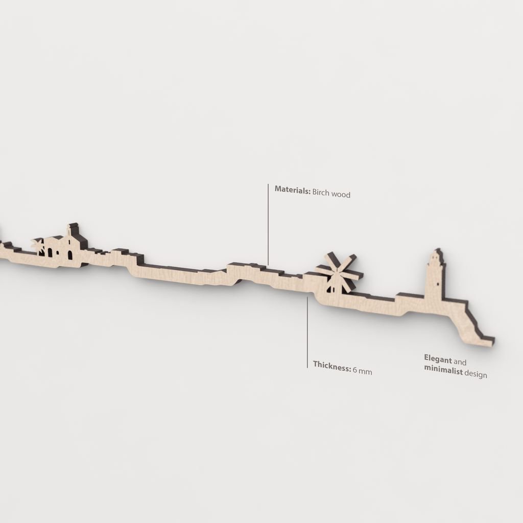 Acabado en madera natural del skyline de Formentera, ideal para decorar con estilo mediterráneo.