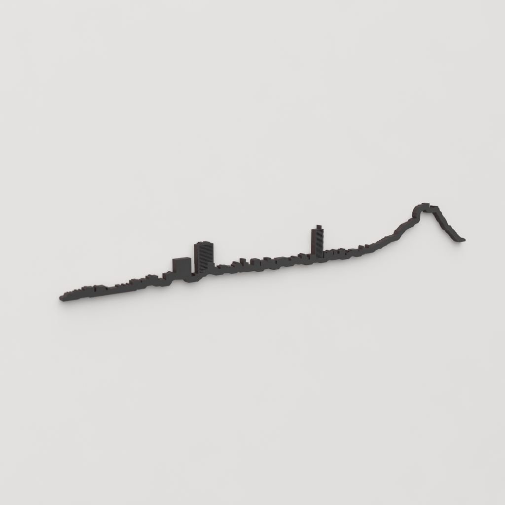 Vista en perspectiva de la silueta del skyline de Alicante en madera negra.