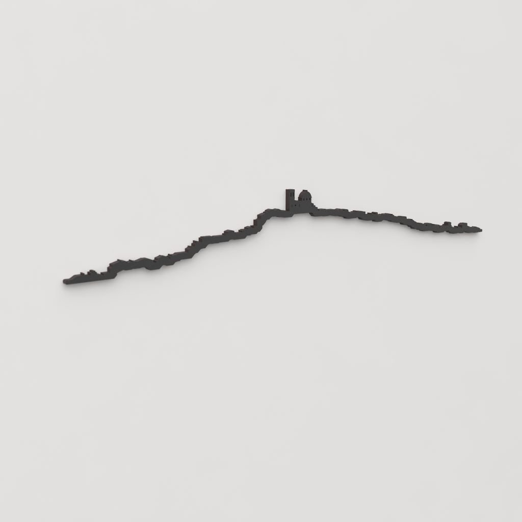 Vista en perspectiva de la silueta del skyline de Altea en madera negra.