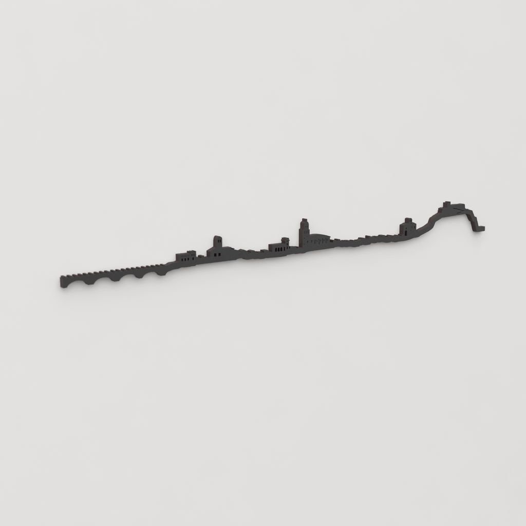 Vista en perspectiva de la silueta del skyline de Arnedo en madera negra.