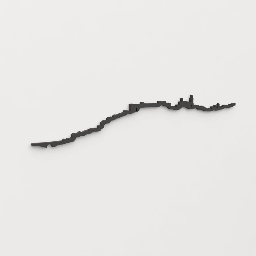 Vista en perspectiva de la silueta del skyline de Aroche en madera negra.