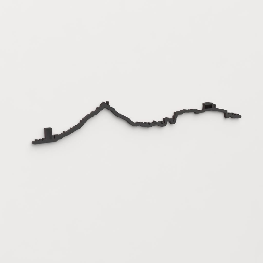 Vista en perspectiva de la silueta del skyline de Athens en madera negra.