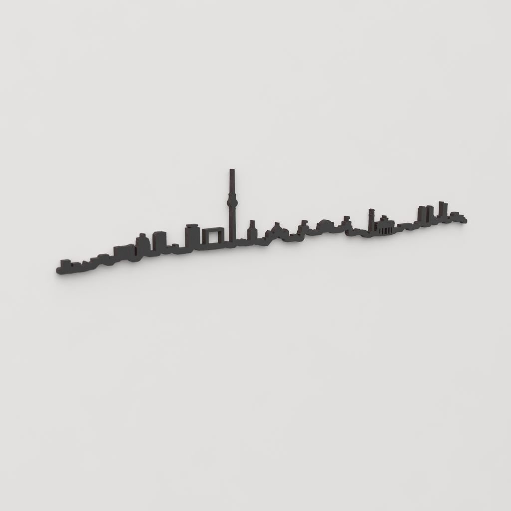 Vista en perspectiva de la silueta del skyline de Berlín en madera negra.