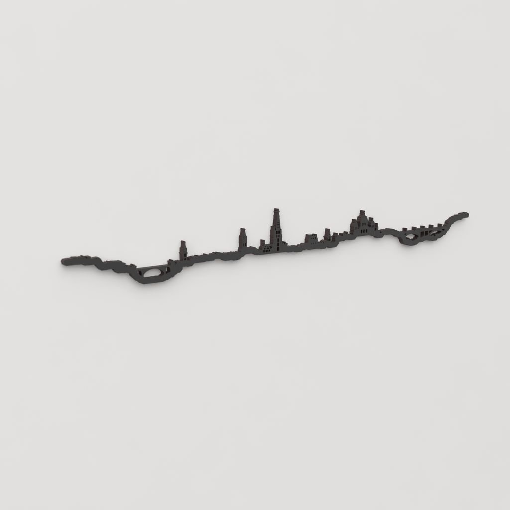 Vista en perspectiva de la silueta del skyline de Berna en madera negra.