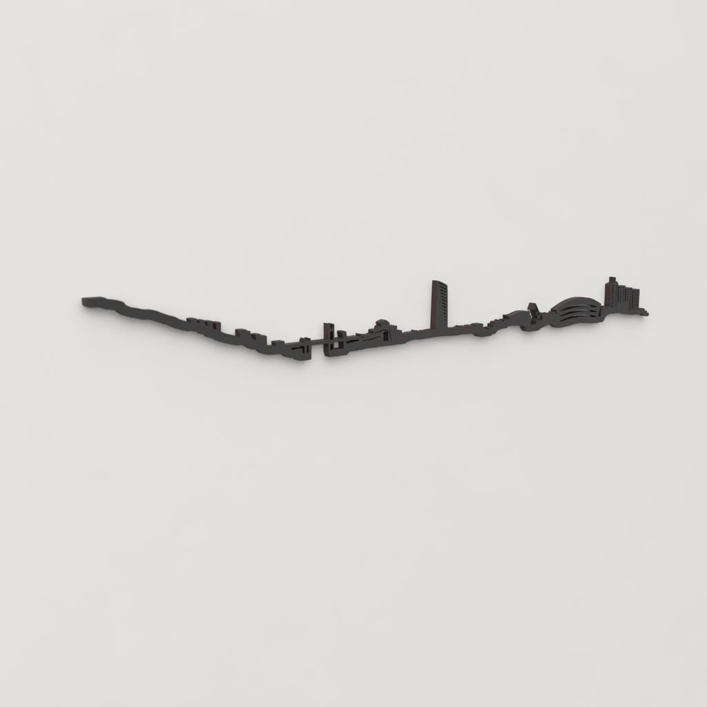 Vista en perspectiva de la silueta del skyline de Bilbao en madera negra.