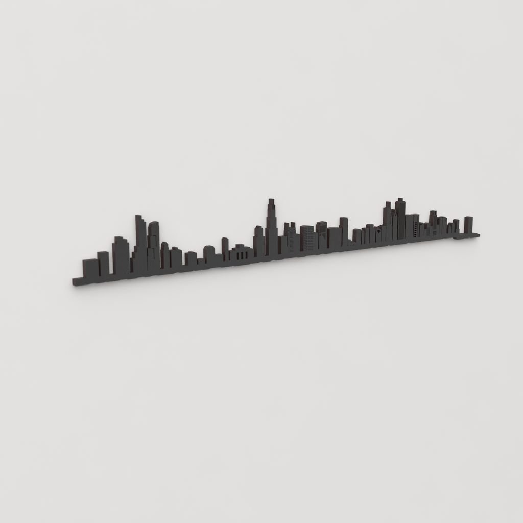 Vista en perspectiva de la silueta del skyline de Chicago en madera negra.