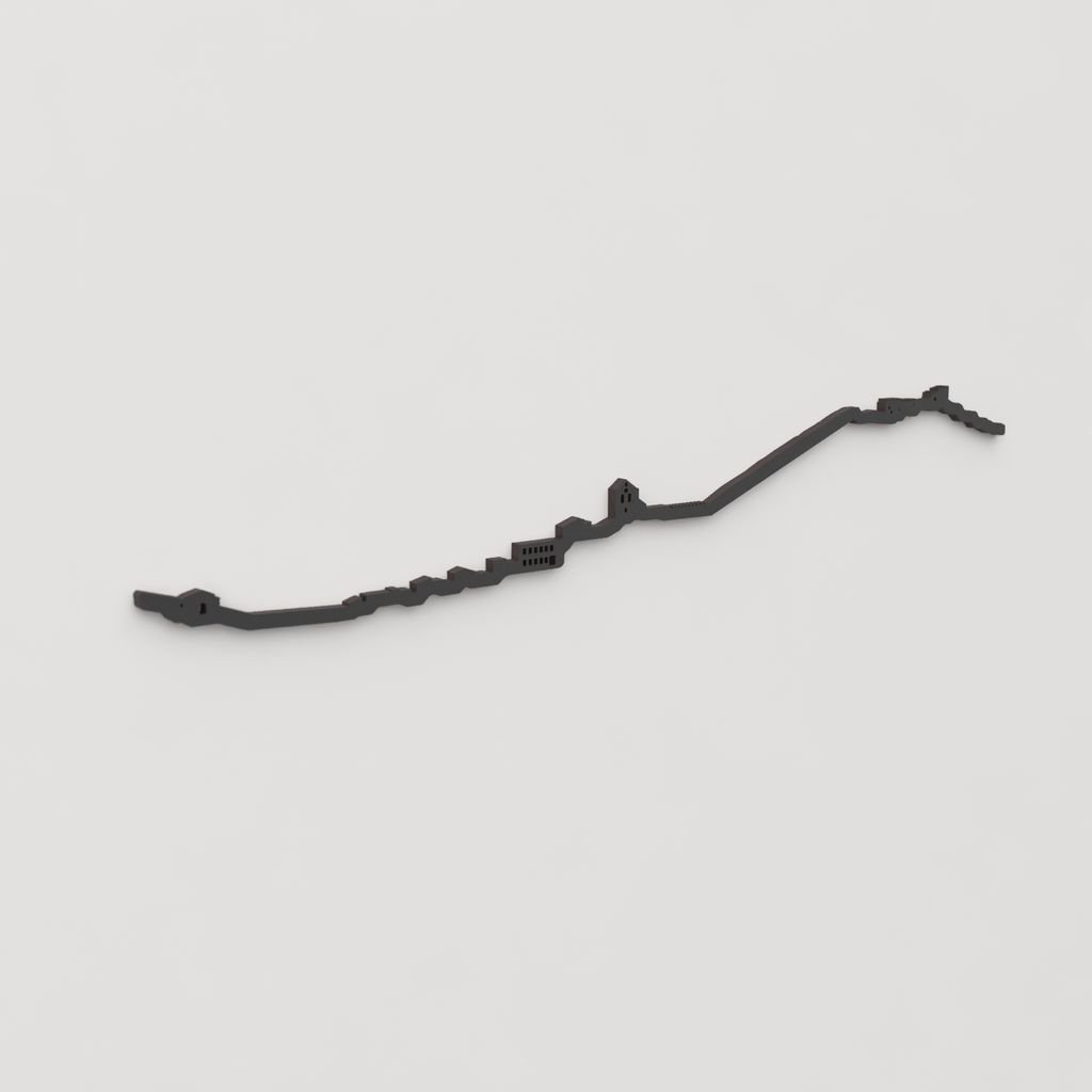 Vista en perspectiva de la silueta del skyline de Cihuela en madera negra.