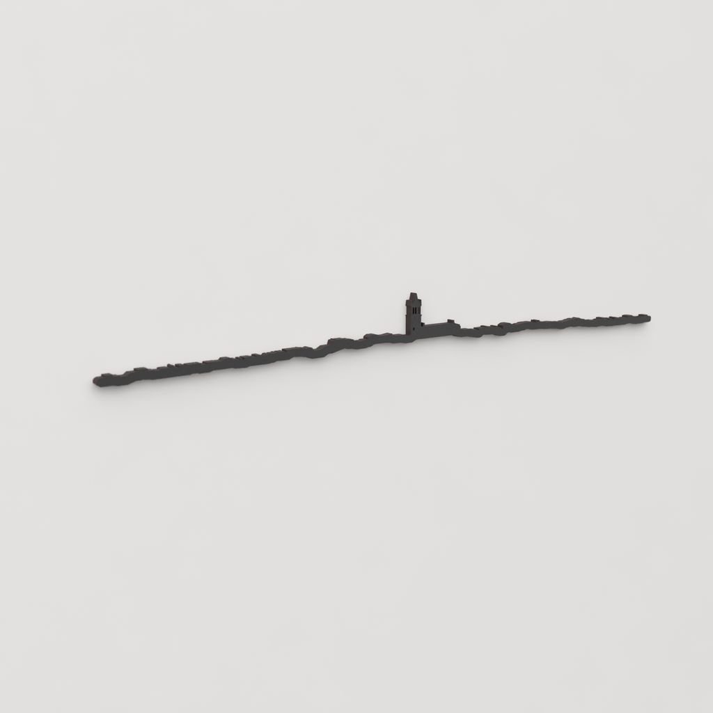 Vista en perspectiva de la silueta del skyline de Colmenar Viejo en madera negra.