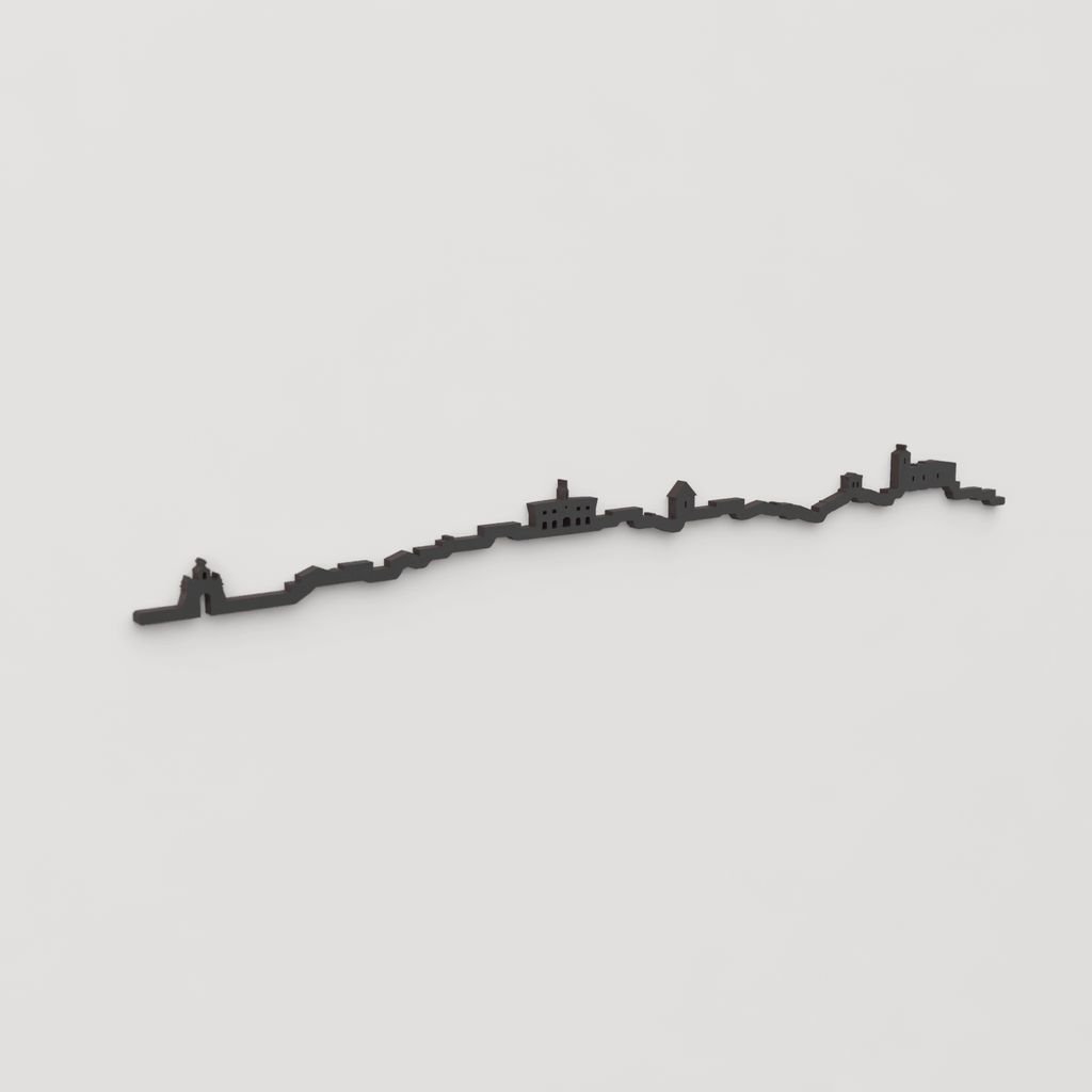 Vista en perspectiva del skyline de Covaleda en madera negra.