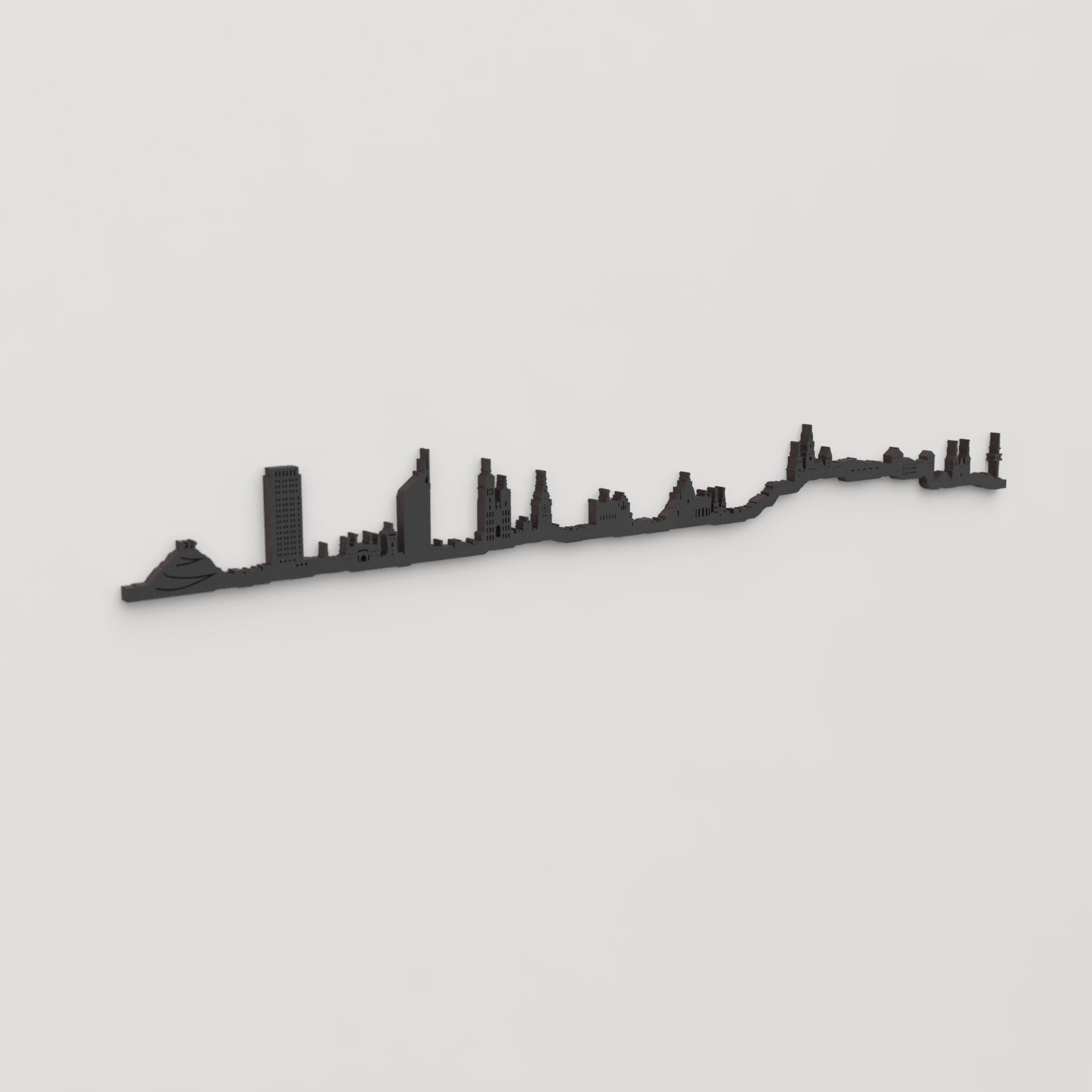 Skyline Cracovia en perspectiva lateral de madera negra.