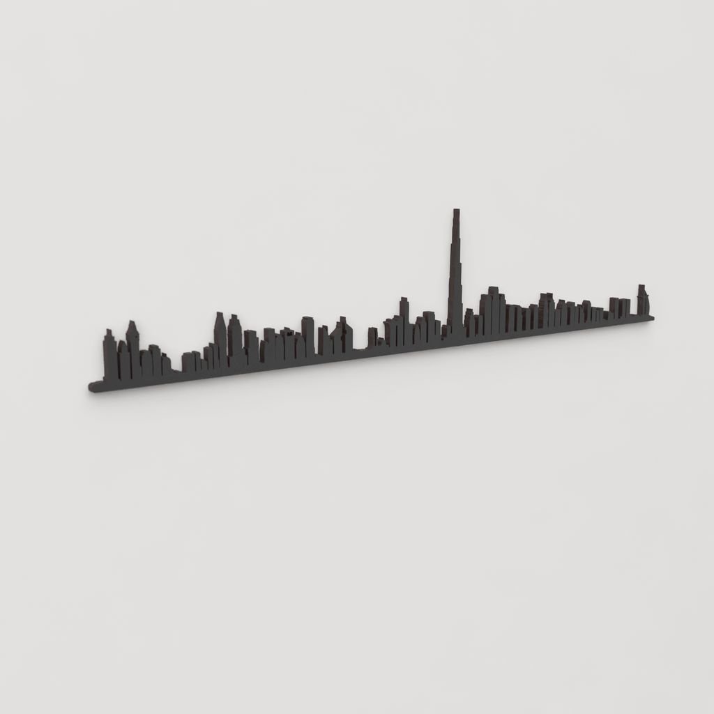 Vista lateral en perspectiva del skyline de Dubái cortado en madera negra.