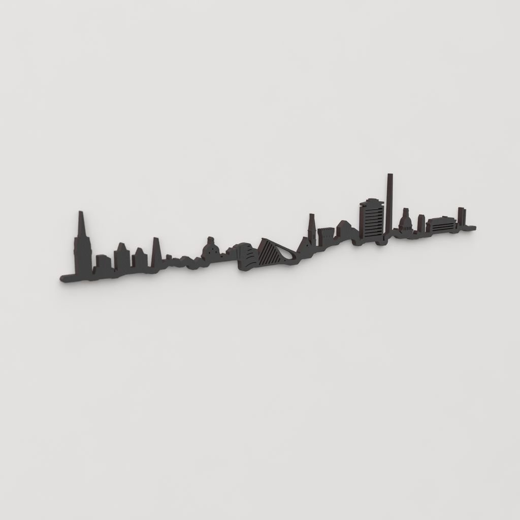 Perspectiva lateral del skyline de Dublín en madera negra.