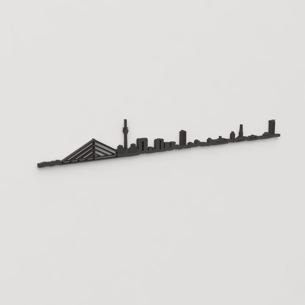 Perspectiva lateral del skyline Düsseldorf en madera negra.