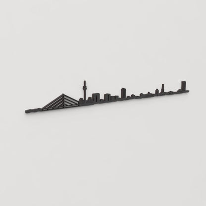 Perspectiva lateral del skyline Düsseldorf en madera negra.