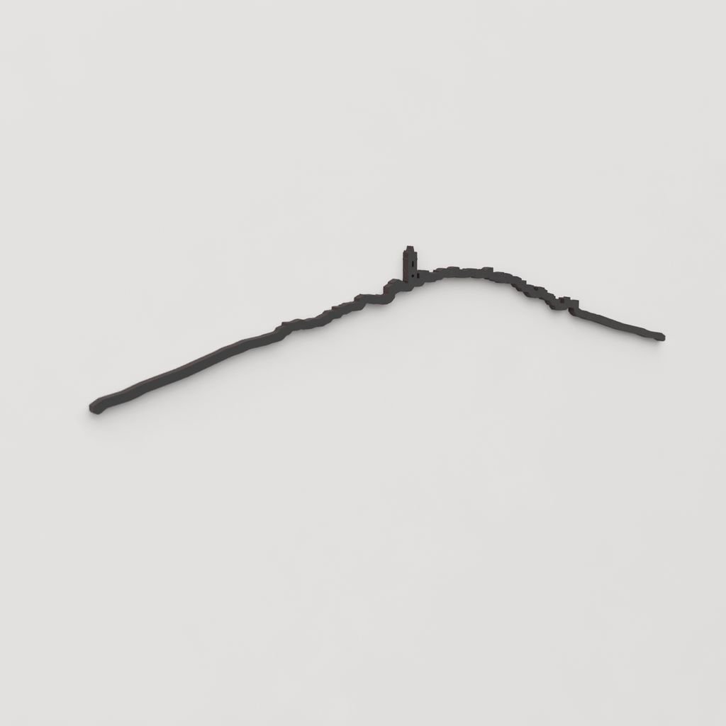 Perspectiva lateral de la silueta skyline de El Ballestar en madera negra.