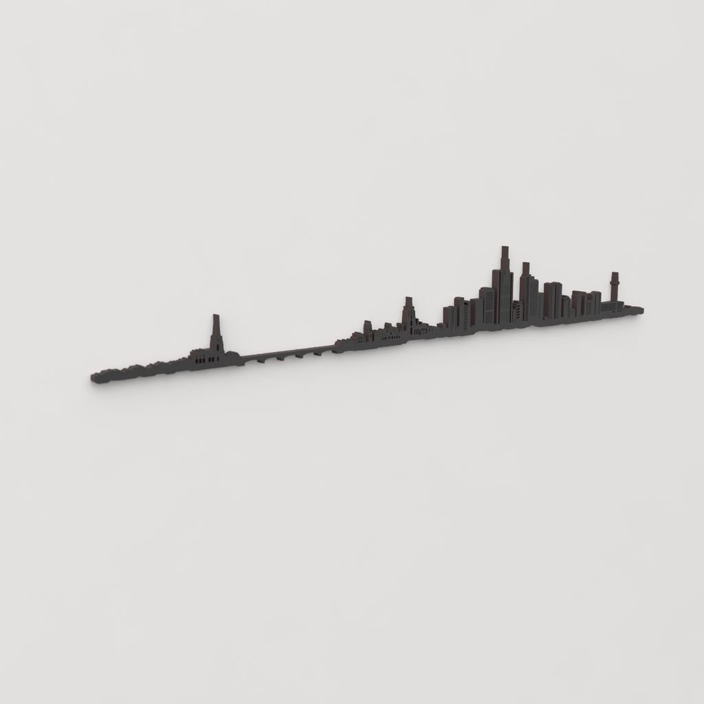 Vista en perspectiva de la silueta del skyline de Frankfurt en madera negra.