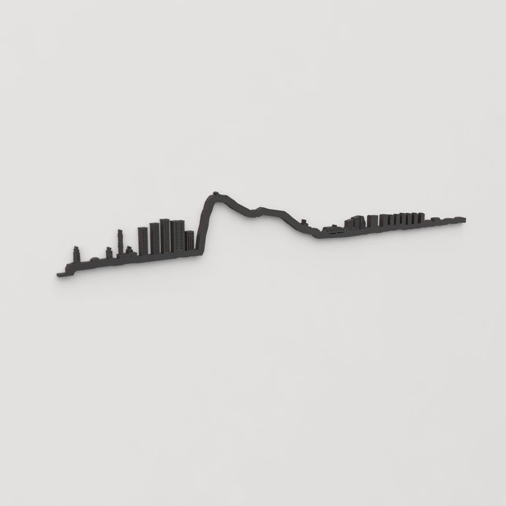 Vista en perspectiva de la silueta del skyline de Gibraltar en madera negra.