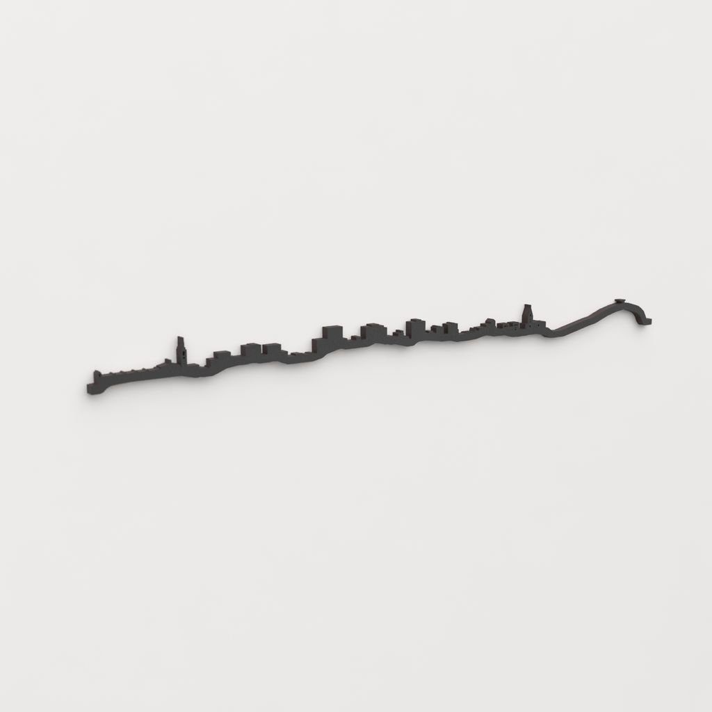 Perspectiva lateral del skyline Gijón-Xixón en madera negra.